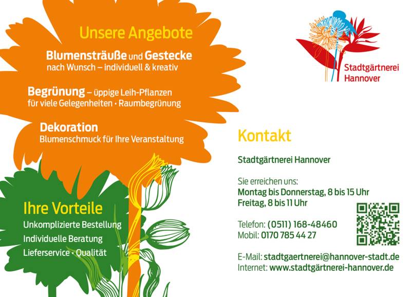 Ein Auszug aus einem Flyer mit Kontaktinformationen zur Stadtgärtnerei Hannover.